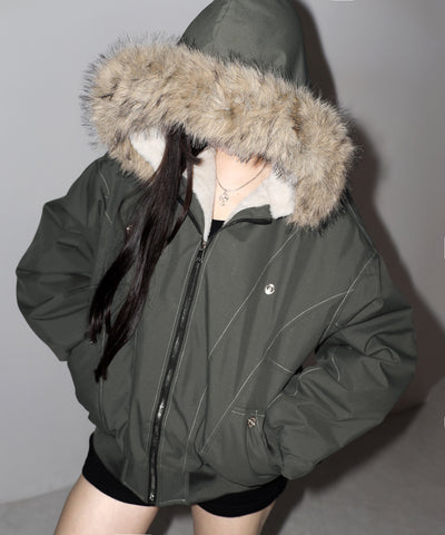 配色ステッチファーフード中綿オーバーブルゾン ／ stitch fur hood fake down over blouson