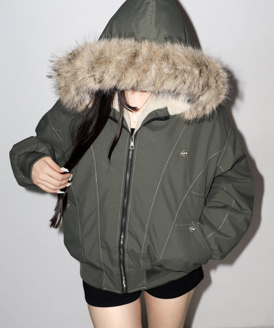 配色ステッチファーフード中綿オーバーブルゾン ／ stitch fur hood fake down over blouson
