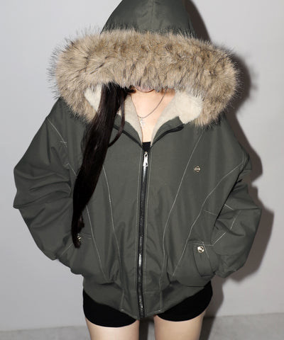 配色ステッチファーフード中綿オーバーブルゾン ／ stitch fur hood fake down over blouson