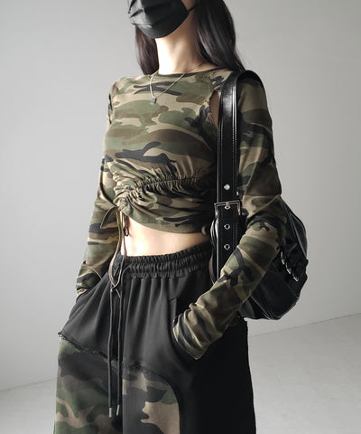 サイドシャーリングカモフラミリタリートップス ／ side shirring camouflage military tops