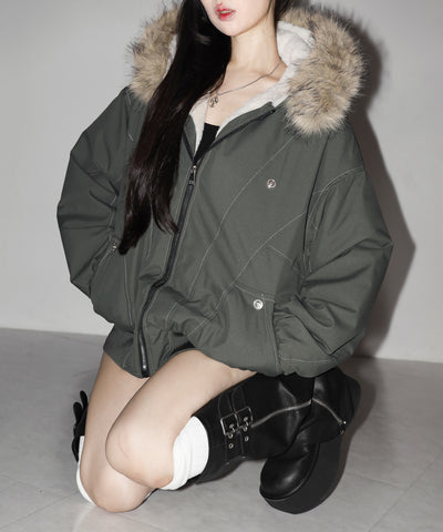 配色ステッチファーフード中綿オーバーブルゾン ／ stitch fur hood fake down over blouson