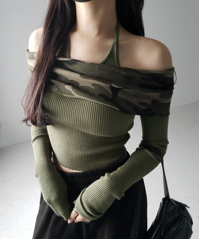 オフショルダーカモフラホルターネックリブニット ／ off shoulder camouflage halter neck lib knit