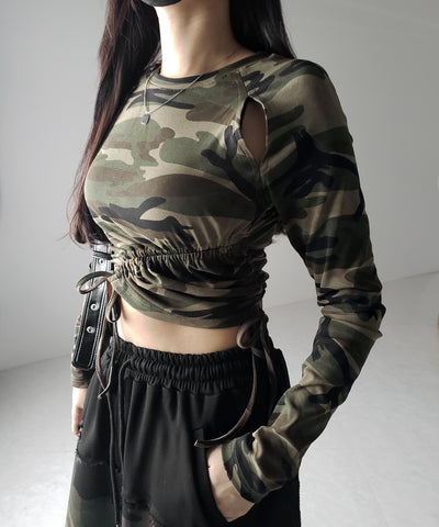 サイドシャーリングカモフラミリタリートップス ／ side shirring camouflage military tops