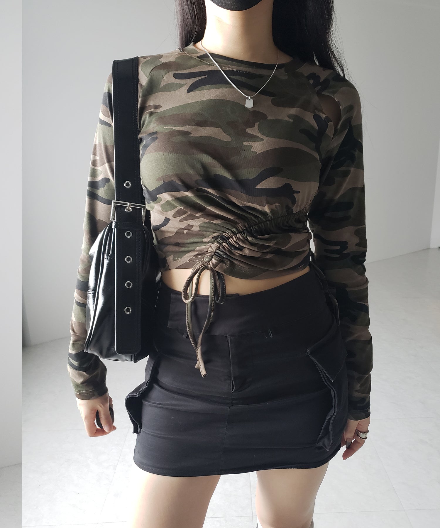 サイドシャーリングカモフラミリタリートップス ／ side shirring camouflage military tops