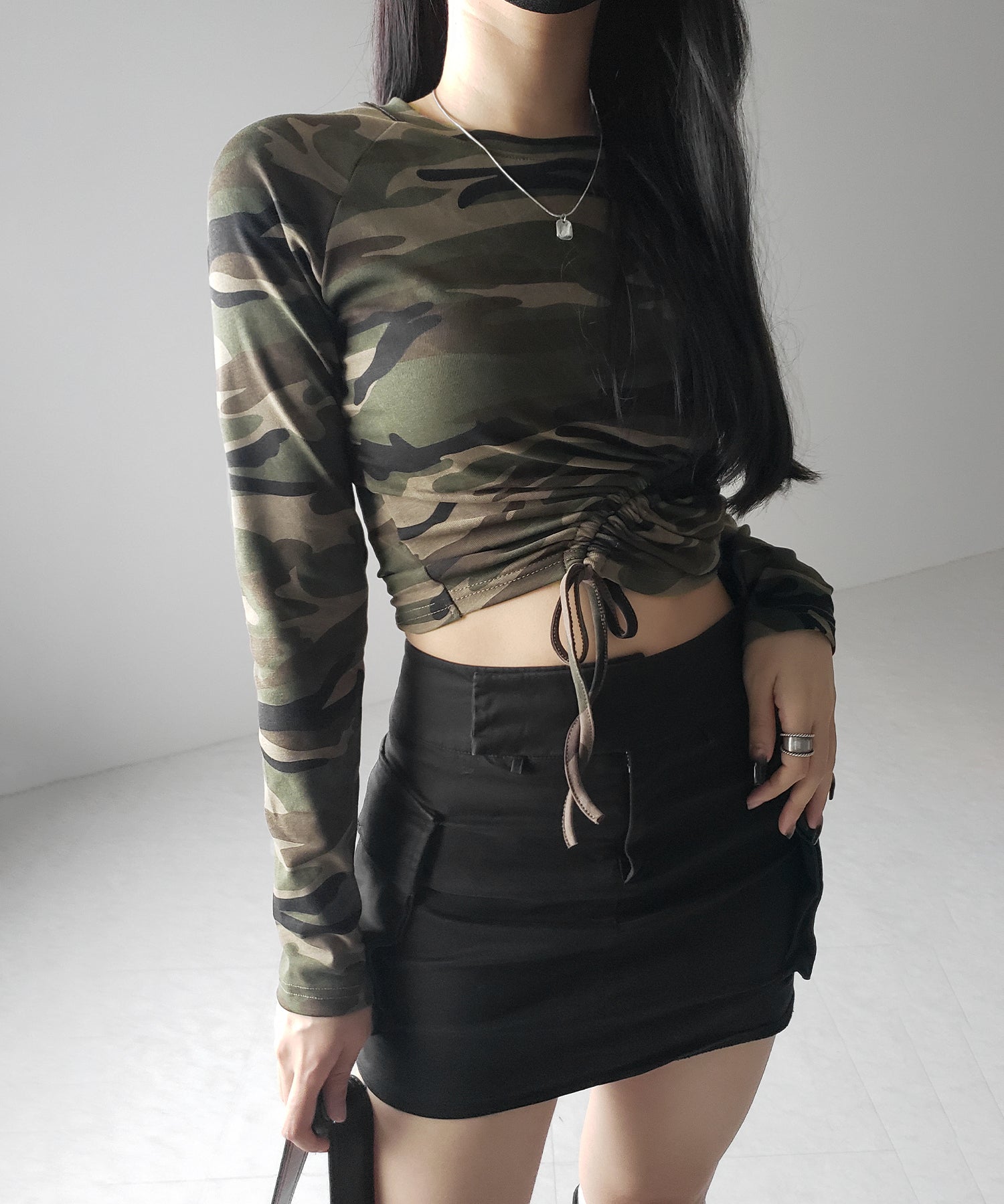 サイドシャーリングカモフラミリタリートップス ／ side shirring camouflage military tops