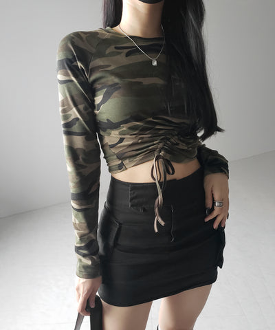 サイドシャーリングカモフラミリタリートップス ／ side shirring camouflage military tops