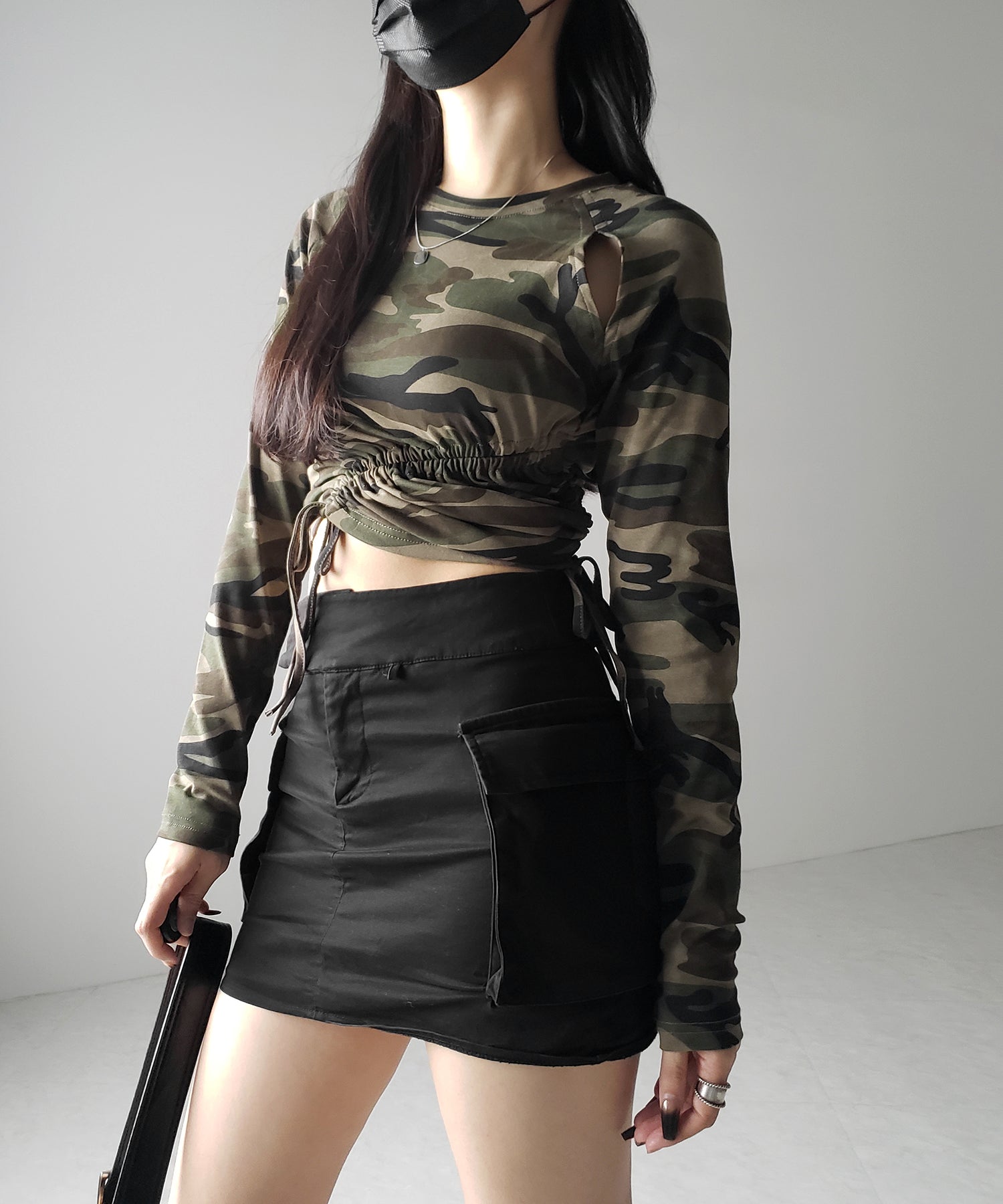サイドシャーリングカモフラミリタリートップス ／ side shirring camouflage military tops