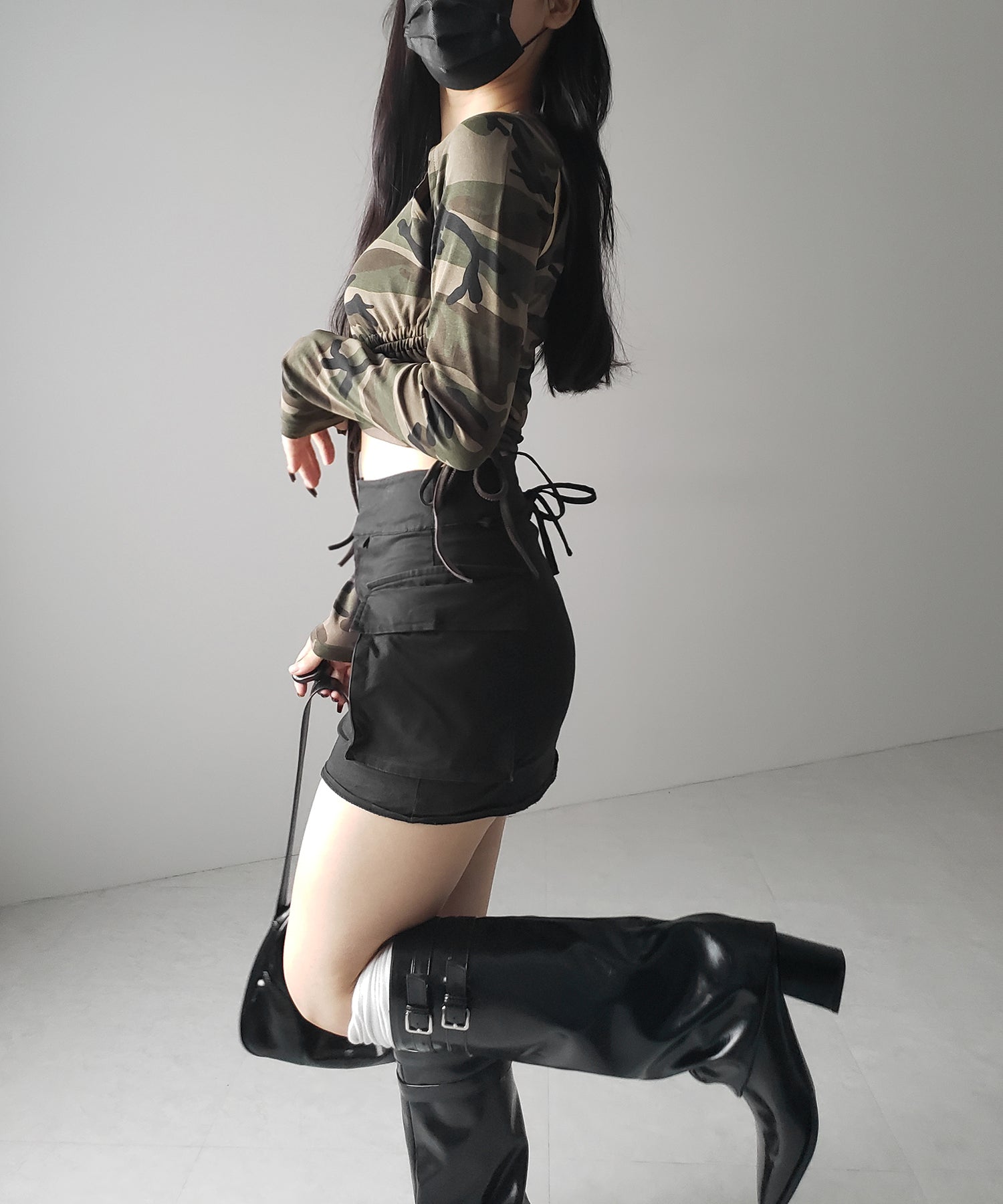 サイドシャーリングカモフラミリタリートップス ／ side shirring camouflage military tops