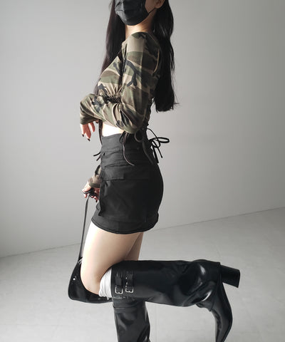 サイドシャーリングカモフラミリタリートップス ／ side shirring camouflage military tops