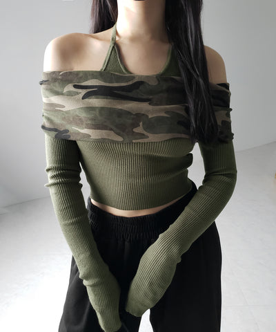 オフショルダーカモフラホルターネックリブニット ／ off shoulder camouflage halter neck lib knit