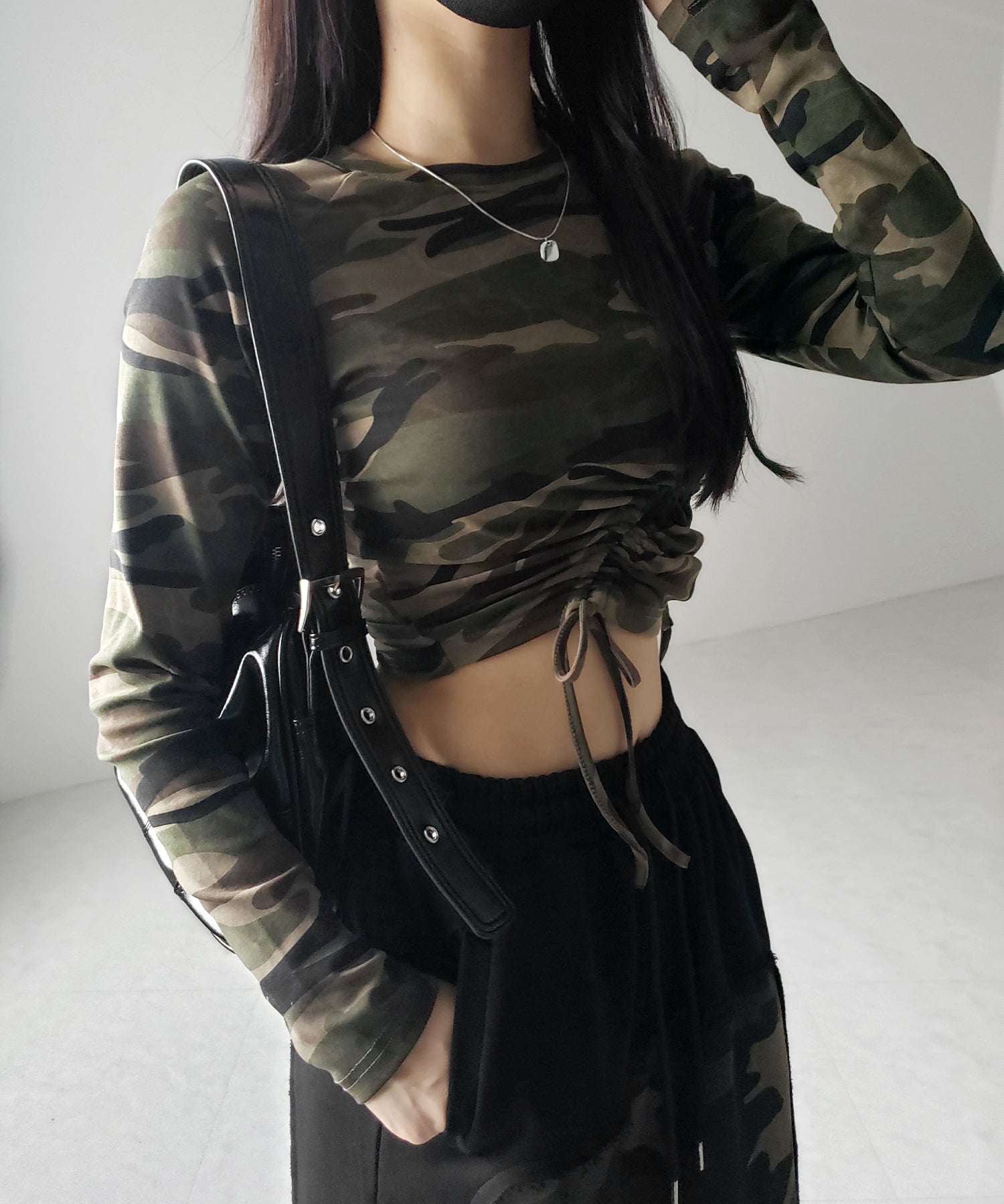 サイドシャーリングカモフラミリタリートップス ／ side shirring camouflage military tops