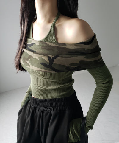 オフショルダーカモフラホルターネックリブニット ／ off shoulder camouflage halter neck lib knit