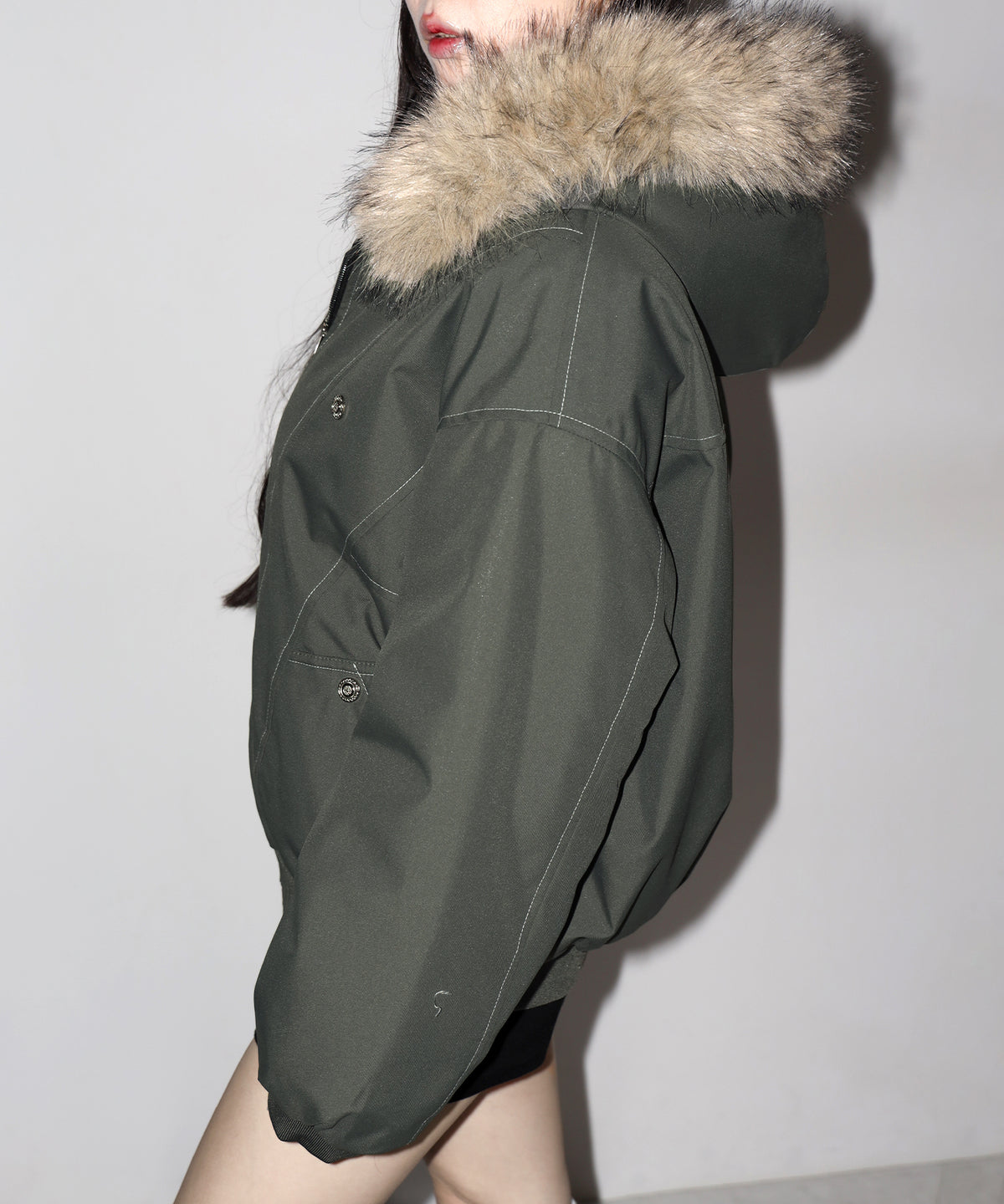 配色ステッチファーフード中綿オーバーブルゾン ／ stitch fur hood fake down over blouson