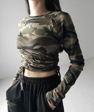 サイドシャーリングカモフラミリタリートップス ／ side shirring camouflage military tops