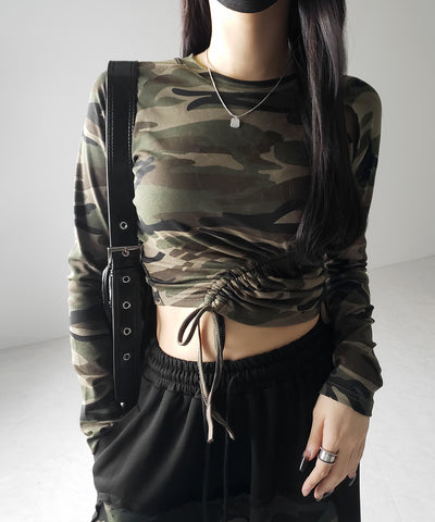 サイドシャーリングカモフラミリタリートップス ／ side shirring camouflage military tops