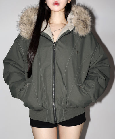 配色ステッチファーフード中綿オーバーブルゾン ／ stitch fur hood fake down over blouson