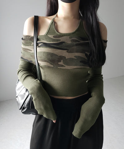 オフショルダーカモフラホルターネックリブニット ／ off shoulder camouflage halter neck lib knit