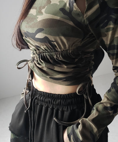 サイドシャーリングカモフラミリタリートップス ／ side shirring camouflage military tops