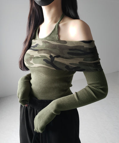 オフショルダーカモフラホルターネックリブニット ／ off shoulder camouflage halter neck lib knit