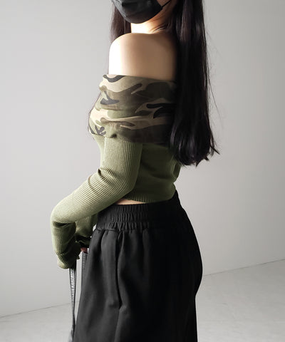 オフショルダーカモフラホルターネックリブニット ／ off shoulder camouflage halter neck lib knit
