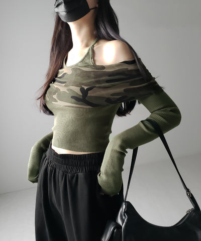 オフショルダーカモフラホルターネックリブニット ／ off shoulder camouflage halter neck lib knit