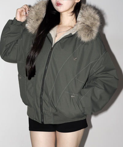 配色ステッチファーフード中綿オーバーブルゾン ／ stitch fur hood fake down over blouson