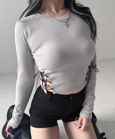 ヴィンテージサイドレースアップカットアウトショートロンT ／ vintage side lace up cutout short long sleeve T-shirts