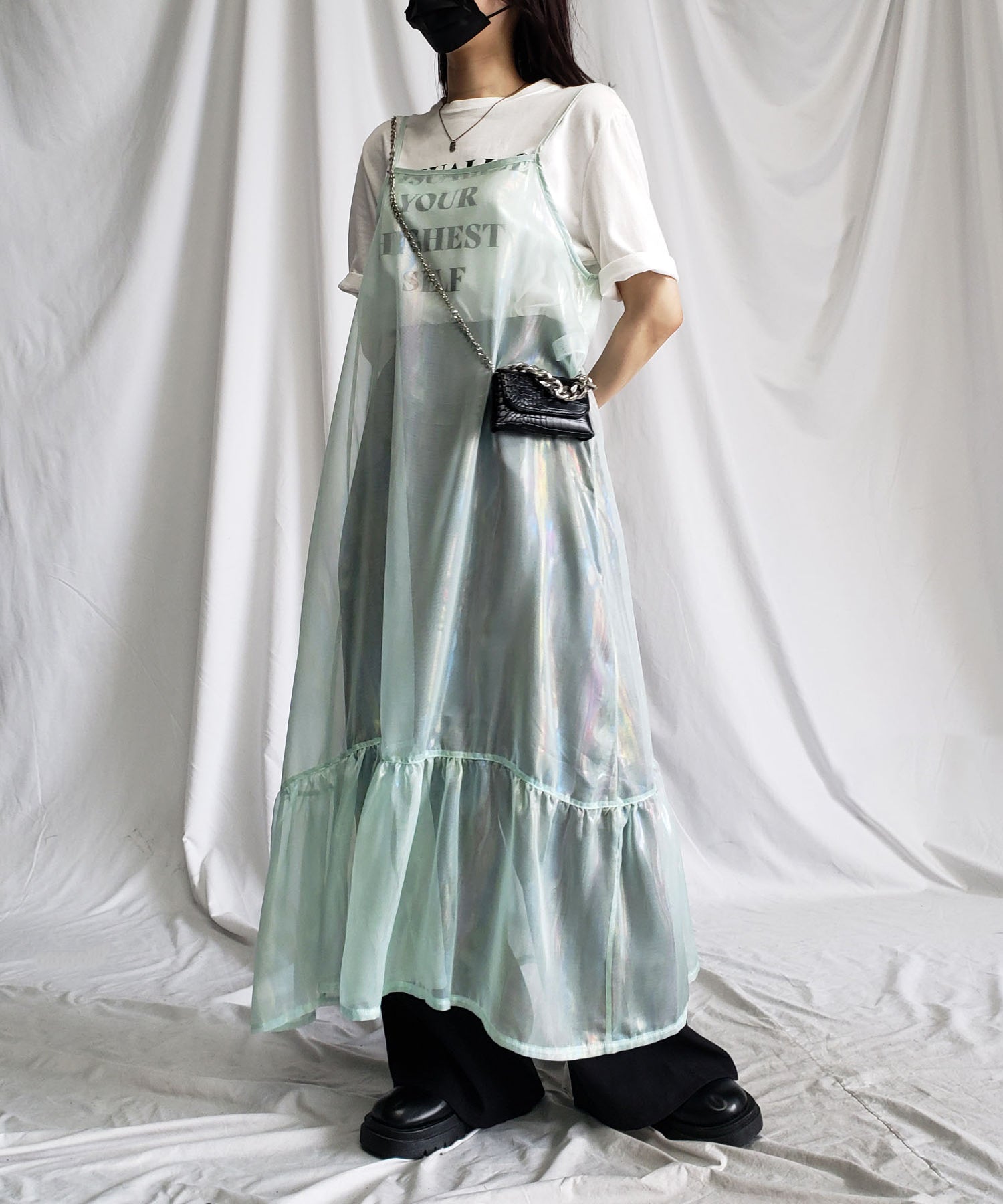オーロラグロスオーガンジーギャザーフレアキャミワンピース ／ Aurora gloss organdygather flare cami onepiece