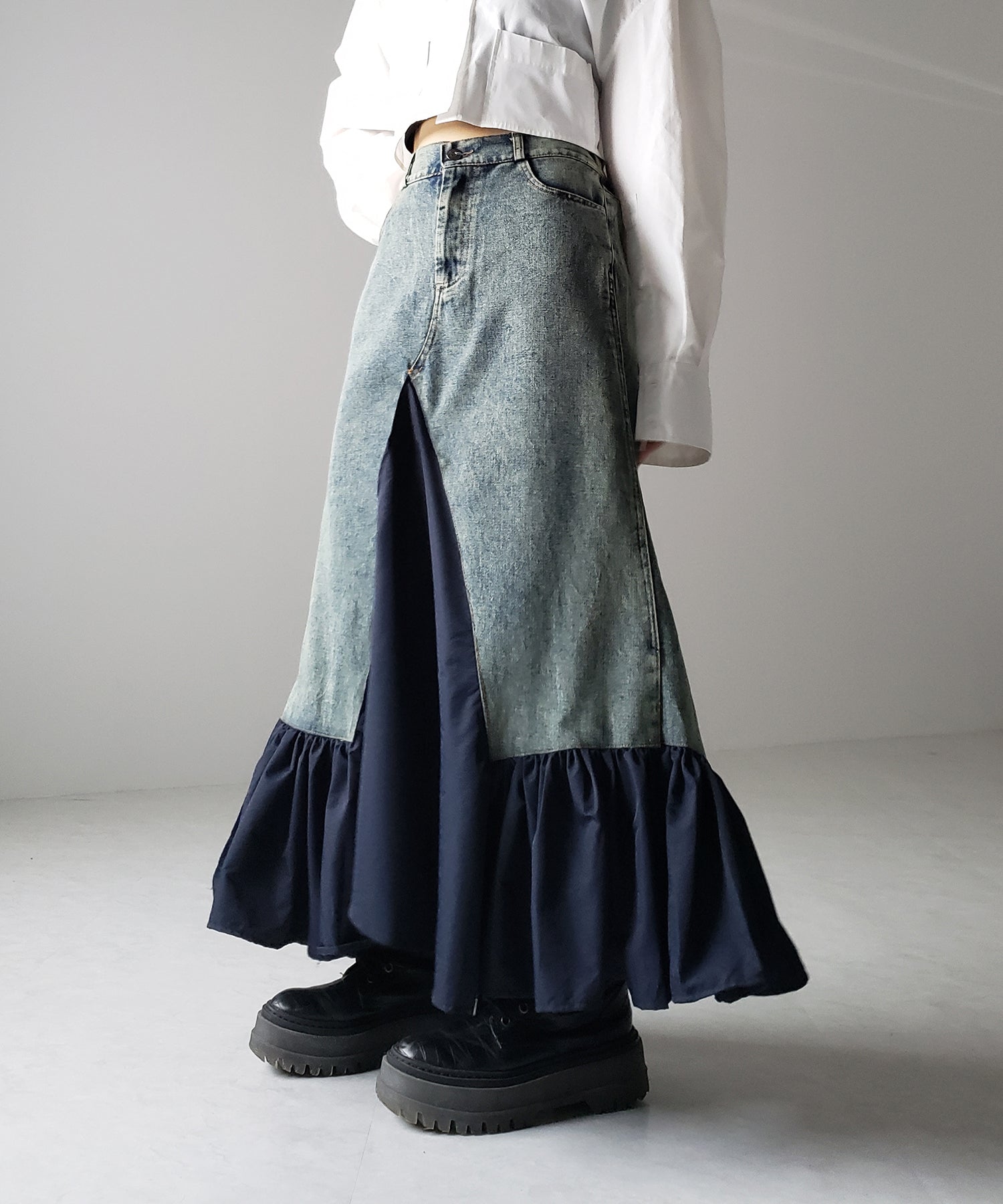 【 ３color 】異素材ドッキングスリットロングデニムスカート