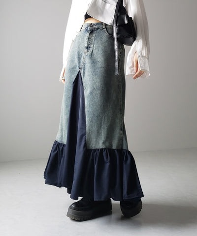 【 ３color 】異素材ドッキングスリットロングデニムスカート