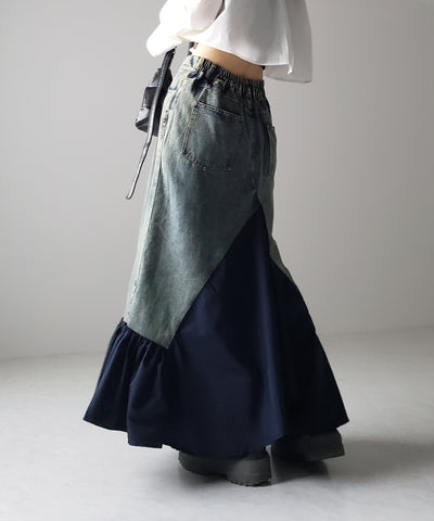 【 ３color 】異素材ドッキングスリットロングデニムスカート