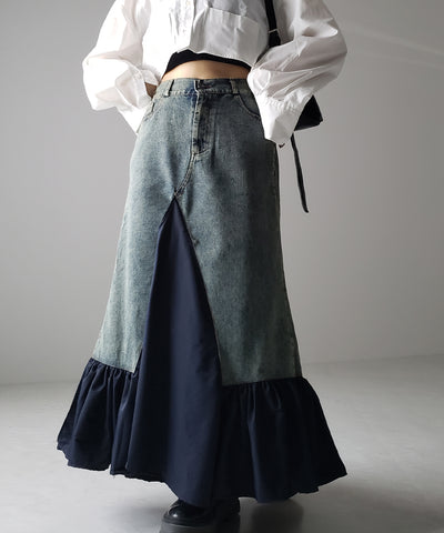 【 ３color 】異素材ドッキングスリットロングデニムスカート