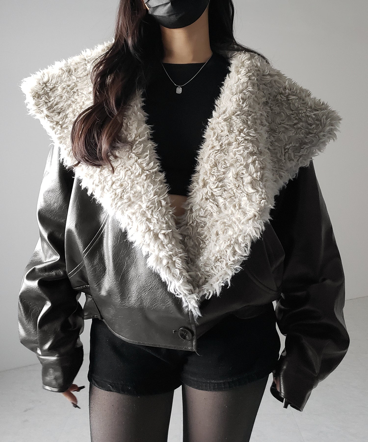 2color 】ビッグカラーフェイクファームートンレザージャケット  