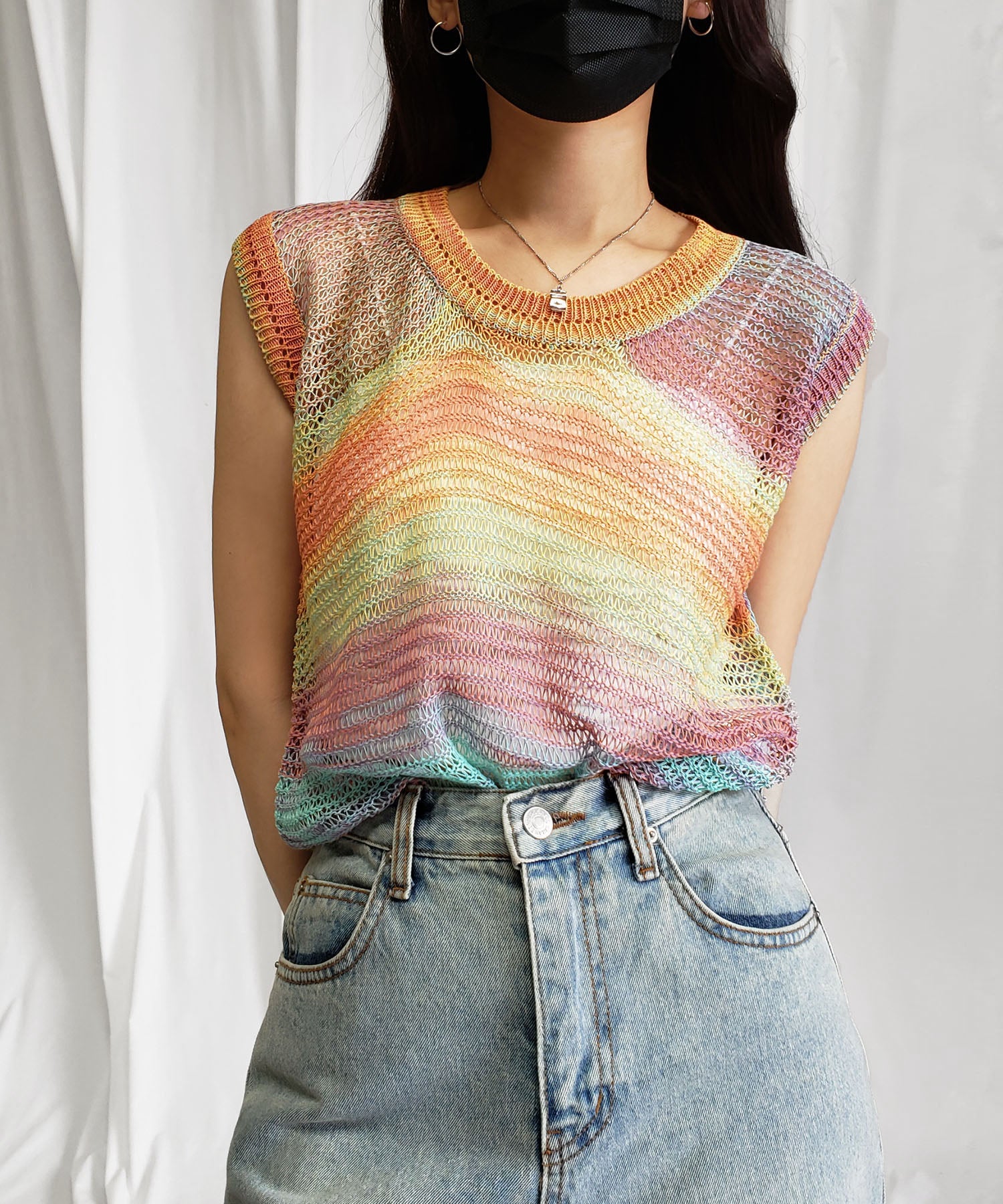 【 ４color 】ミックスカラーグラデクロシェ透かし編みニット