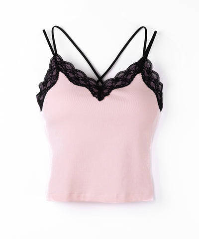 【 新色ピンク追加！カップ付き 】配色レースクロップドリブキャミソール ／ bicolor lace cropped rib camisole
