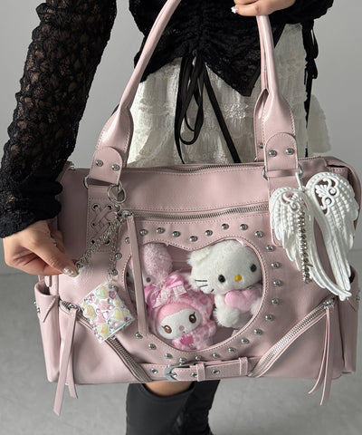 【 限定先行販売 】ハートクリアポケットスタッズフェイクレザートートバッグ ／ heart clear pocket studs fake leather tote bag