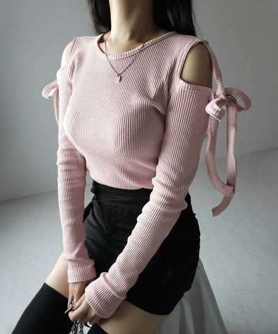 【 ３color 】カットアウトショルダーリボンリブトップス ／ Cut-out shoulder ribbon rib tops