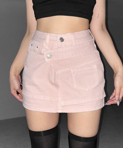 【 インパン裏地付き 】ヴィンテージピンクレイヤードデニムミニスカート ／ vintage pink denim mini skirt