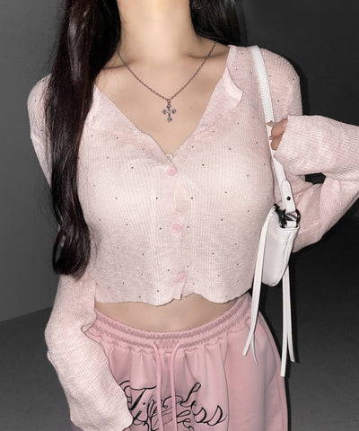 ラインストーンシアーニットカーディガン ／ Rhine stone sheer knit cardigan