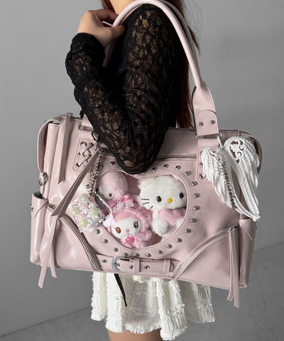 【 限定先行販売 】ハートクリアポケットスタッズフェイクレザートートバッグ ／ heart clear pocket studs fake leather tote bag