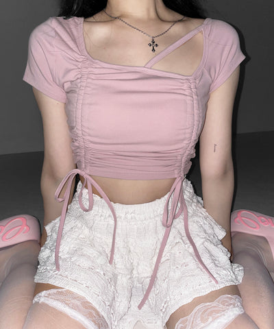 ダブルシャーリングリボンストラップＴシャツ ／ double shirring ribbon strap T-shirts