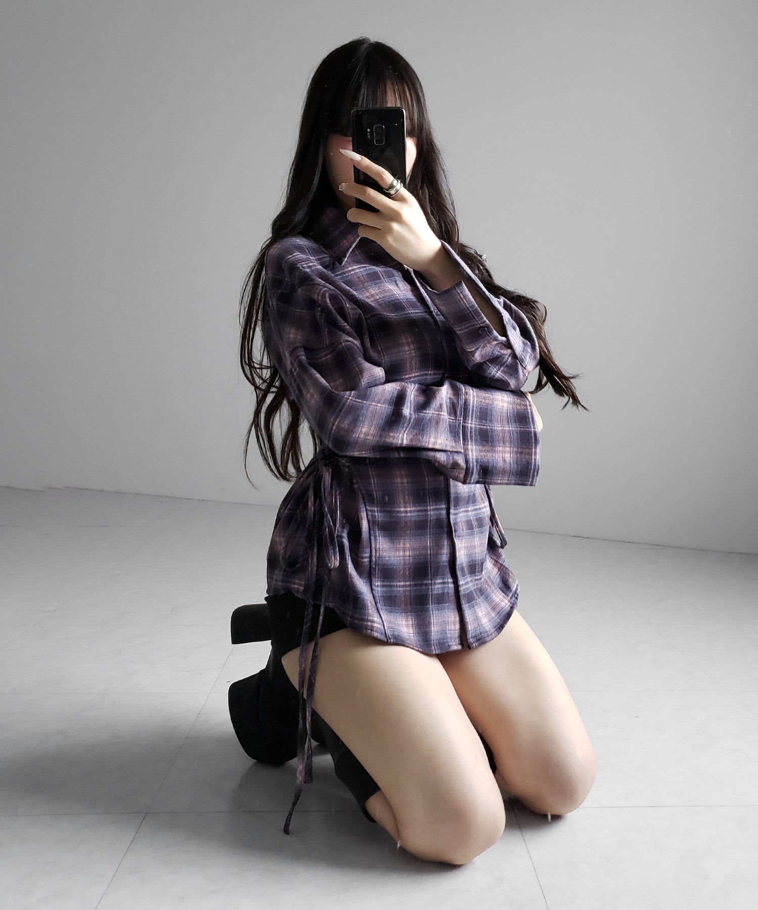 レースアップリボンスリムラインチェックネルシャツ ／ lace up ribbon slim line check flannel shirt