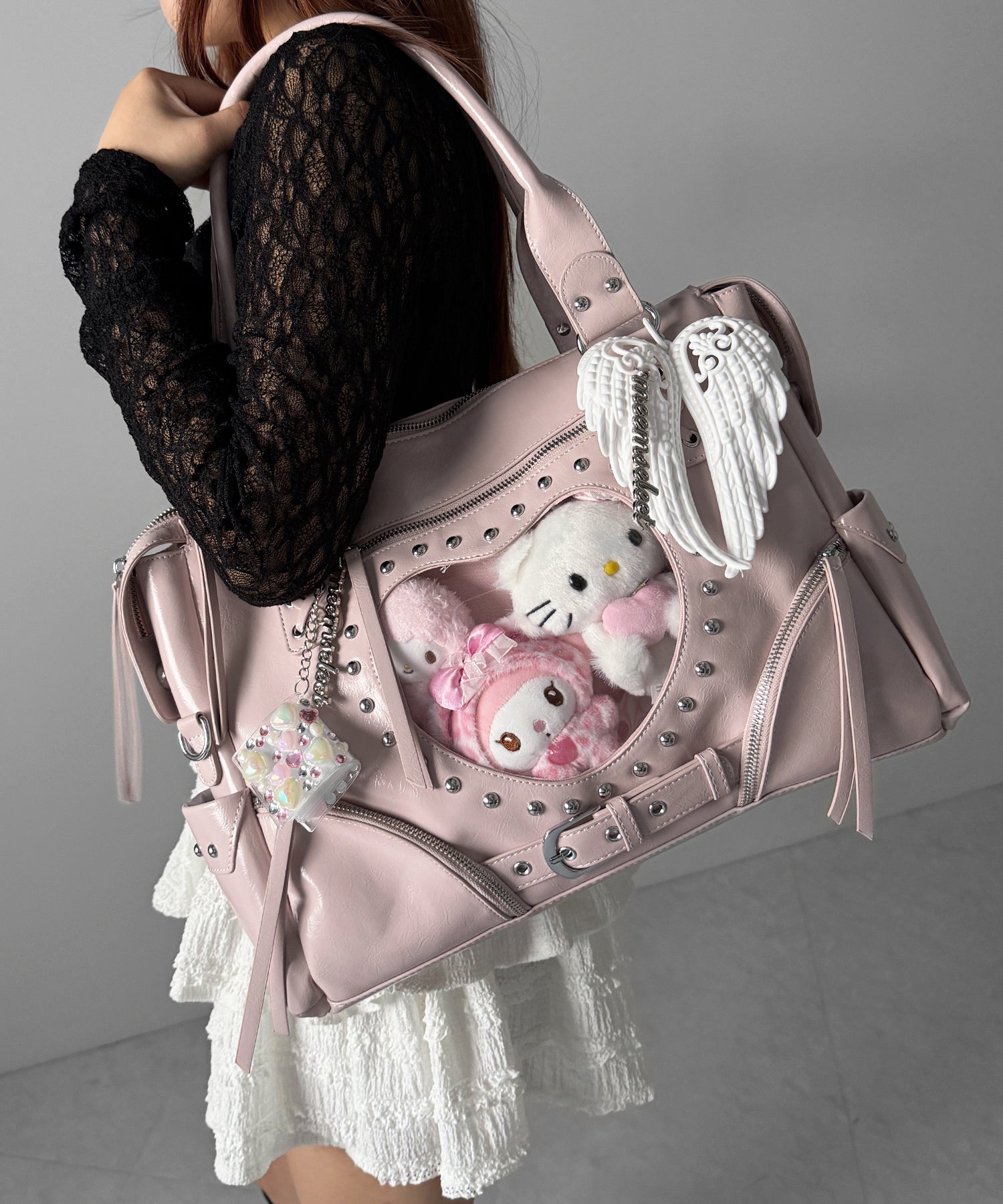 【 限定先行販売 】ハートクリアポケットスタッズフェイクレザートートバッグ ／ heart clear pocket studs fake leather tote bag