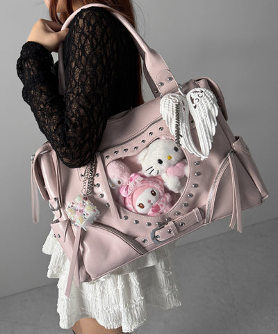 【 限定先行販売 】ハートクリアポケットスタッズフェイクレザートートバッグ ／ heart clear pocket studs fake leather tote bag