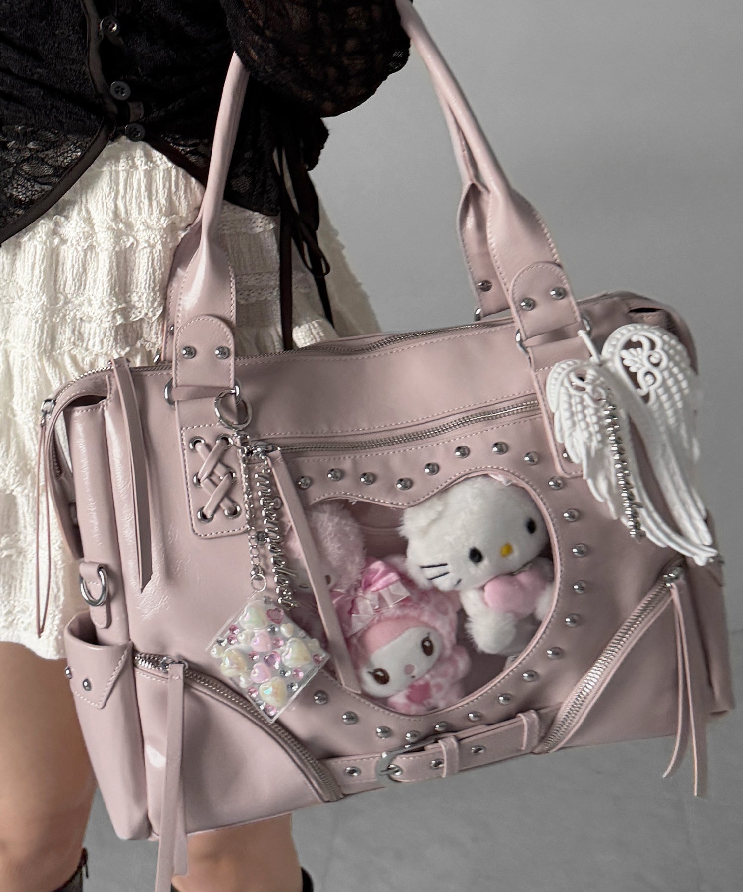 【 限定先行販売 】ハートクリアポケットスタッズフェイクレザートートバッグ ／ heart clear pocket studs fake leather tote bag