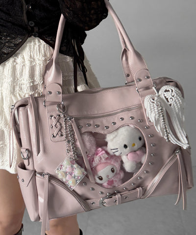 【 限定先行販売 】ハートクリアポケットスタッズフェイクレザートートバッグ ／ heart clear pocket studs fake leather tote bag