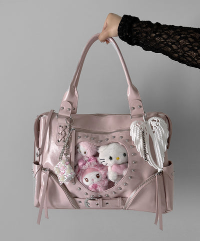 【 限定先行販売 】ハートクリアポケットスタッズフェイクレザートートバッグ ／ heart clear pocket studs fake leather tote bag