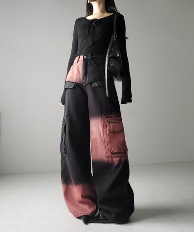 【 ２color ／４size 】ブロッキングバイカラーオーバーダイワイドデニム ／ blocking bicolor overdye wide denim