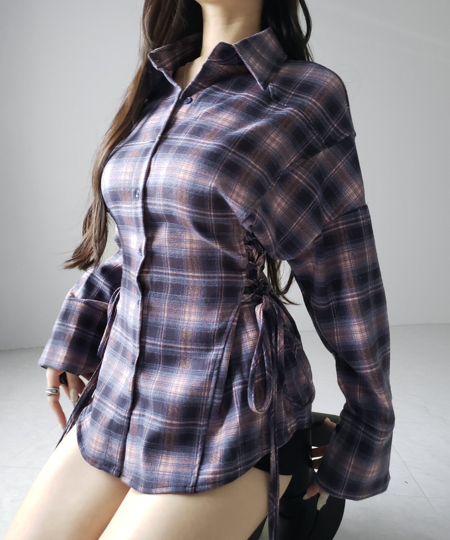 レースアップリボンスリムラインチェックネルシャツ ／ lace up ribbon slim line check flannel shirt