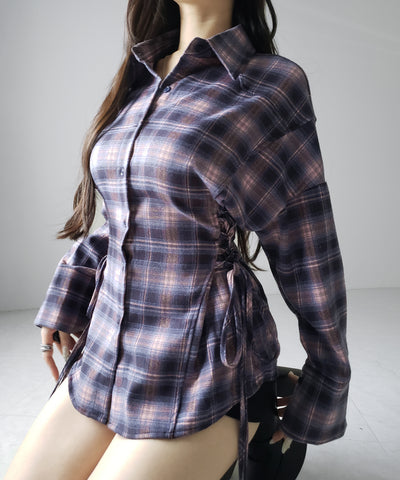 レースアップリボンスリムラインチェックネルシャツ ／ lace up ribbon slim line check flannel shirt